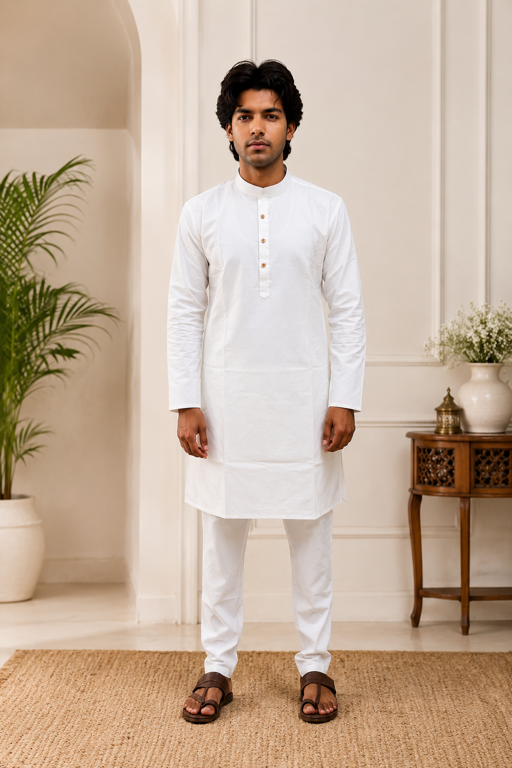 Men's White Cotton Kurta Pajama Set | Ethnic Kurta Set for Rakhi, Diwali, Festival