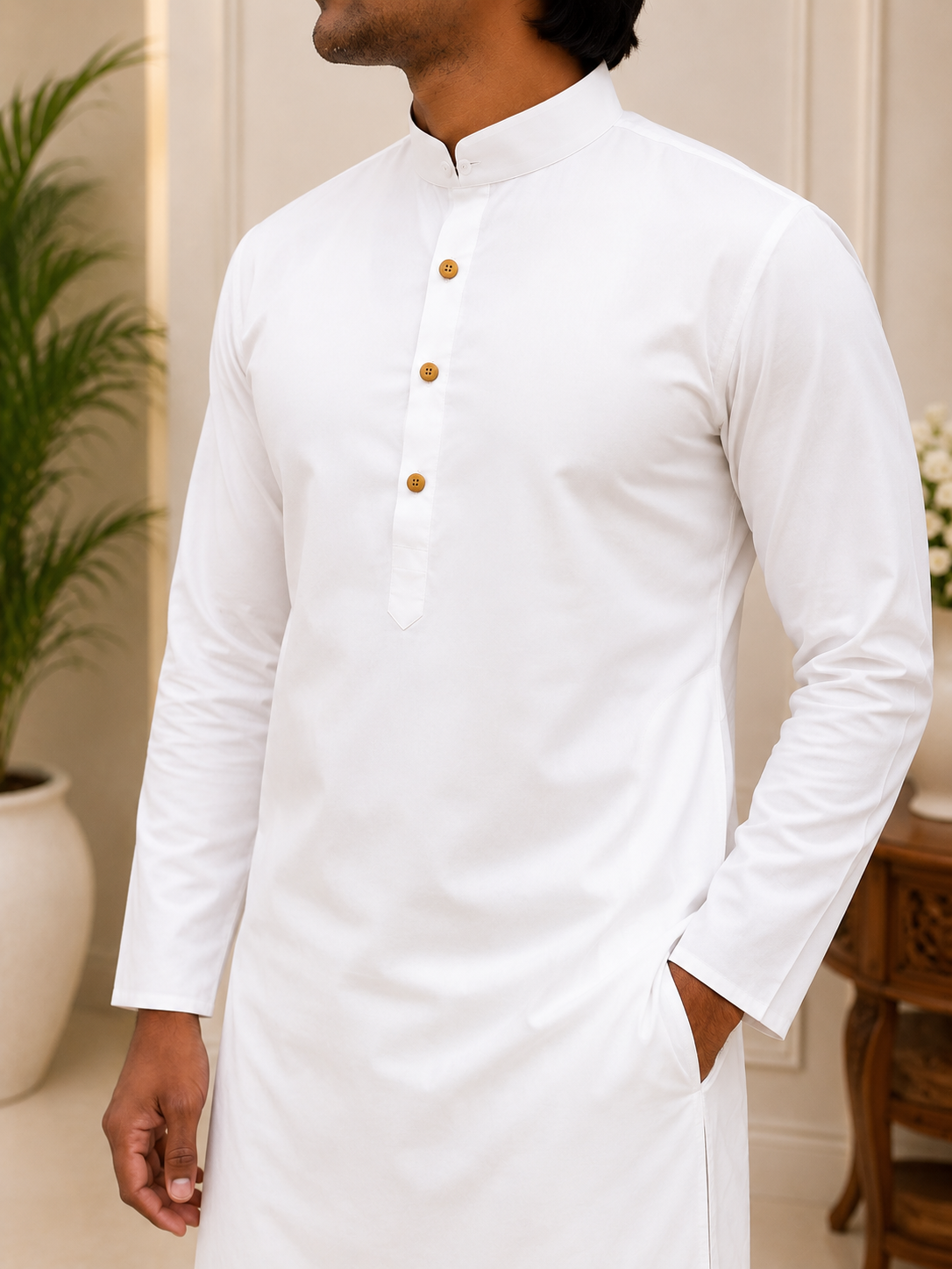 Men's White Cotton Kurta Pajama Set | Ethnic Kurta Set for Rakhi, Diwali, Festival — view 3